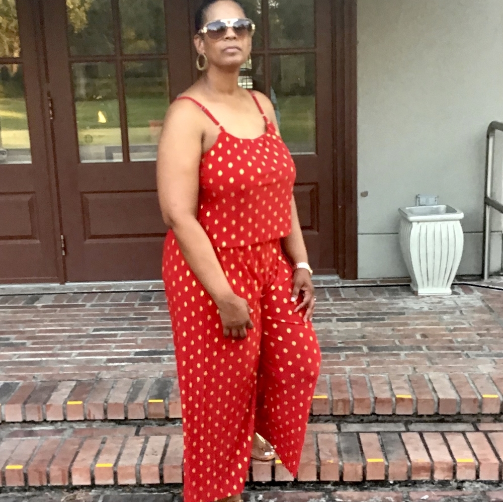 Womens Gold Foil Polka Dots Spaghetti Straps One-Piece Wide Leg Pants Jumpsuit